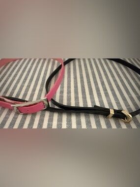 Women’s Slim Black and Pink Leather Belt with Gold Buckle